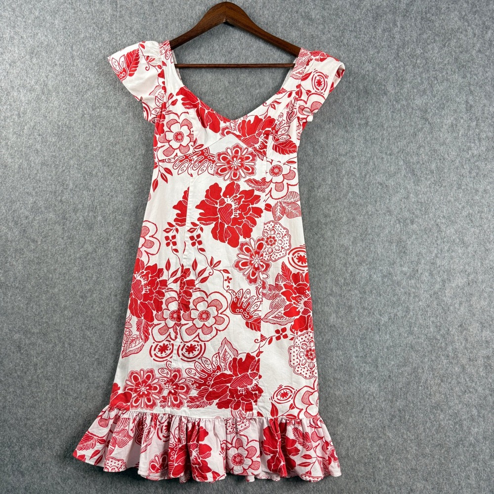 Teri Jon Red White Floral Ruffle Hem Sweetheart Cap Sleeve Sheath Dress Size 2
